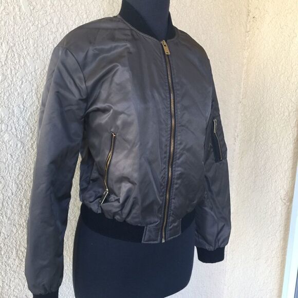 Zara Basic Olive Green Unisex Bomber Jacket Zip Pockets Sleeve Pocket Size Small - Picture 8 of 15